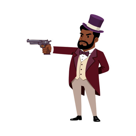 Illustration shows a man wearing a maroon vintage suit and purple top hat aiming a pistol with serious expression. Classic mood.のイラスト素材