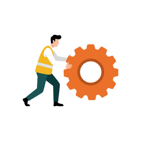 Illustration shows a worker in safety vest pushing a large orange gear symbolizing mechanical industry and teamwork. Motivational and dynamic.のイラスト素材
