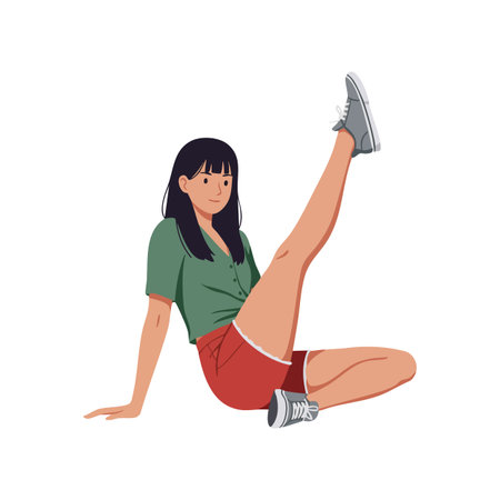 Illustration shows young woman in green shirt and red shorts raising one leg while seated, performing a stretch exercise, relaxed mood.のイラスト素材