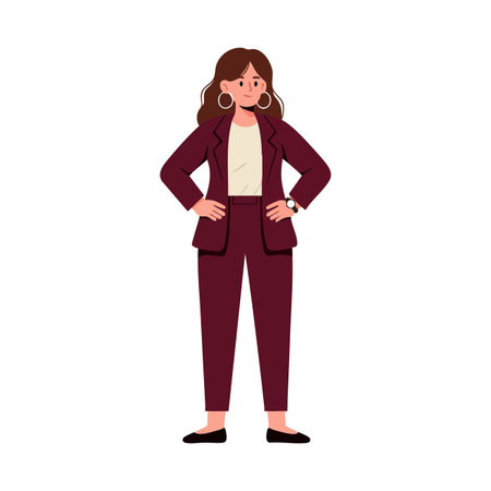 Illustration shows a woman wearing a burgundy suit with hands on hips, exuding confidence and professionalism in a simple style. Calm mood.のイラスト素材