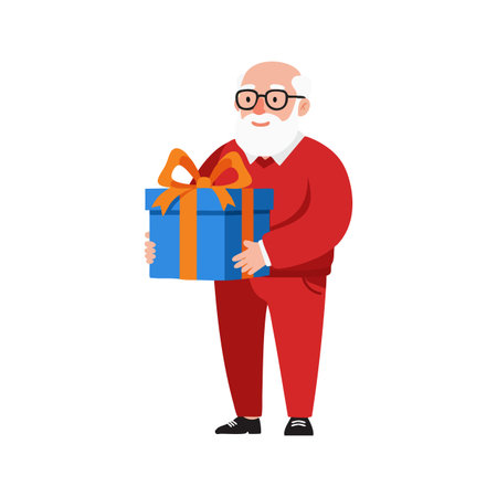 Illustration shows an elderly man in a red outfit holding a blue gift box with an orange ribbon, conveying warmth and celebration mood.のイラスト素材