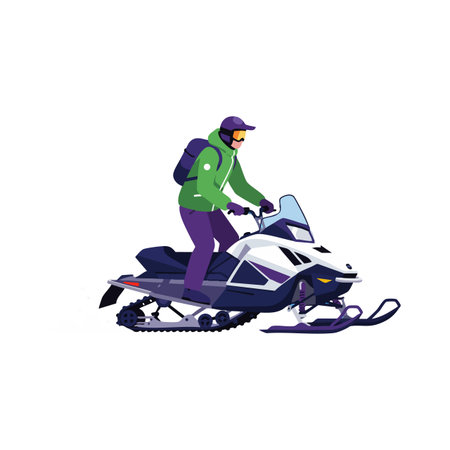 Illustration shows a person riding a snowmobile wearing a green jacket and purple pants, moving forward confidently in a clean style. Calm mood.のイラスト素材