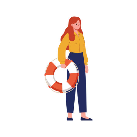 Illustration shows a woman with red hair holding a lifebuoy, dressed in a yellow shirt and blue pants, standing confidently. Calm mood.のイラスト素材