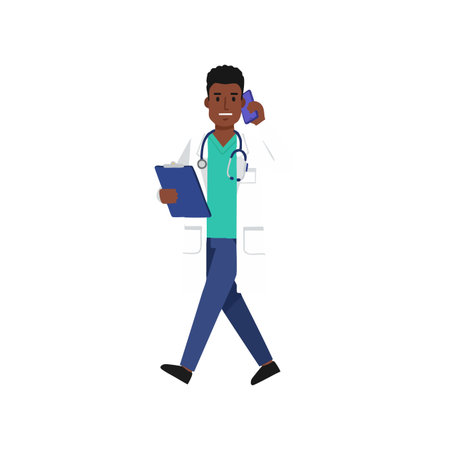 Illustration shows a male doctor walking while talking on phone and holding a clipboard, wearing medical coat and stethoscope, confident mood.のイラスト素材