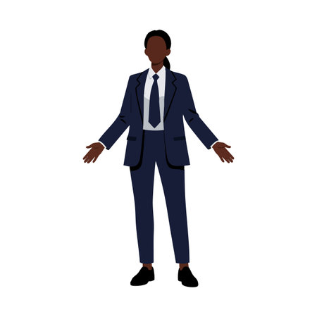 Illustration shows a businesswoman in a navy suit and tie standing with open arms, presenting confidently in a professional setting, calm mood.のイラスト素材