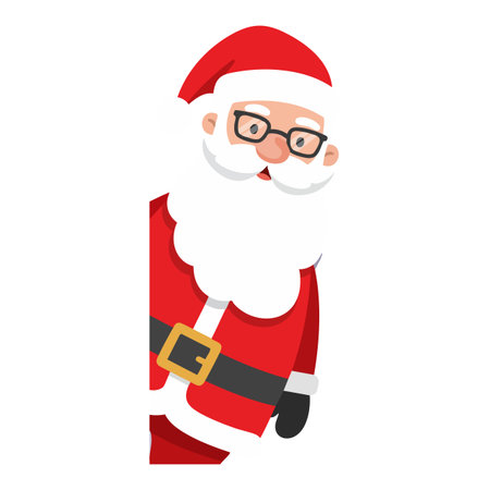 Santa Claus wearing red suit and glasses peeks around the corner in this festive Christmas vector illustration. Cheerful and playful mood.のイラスト素材