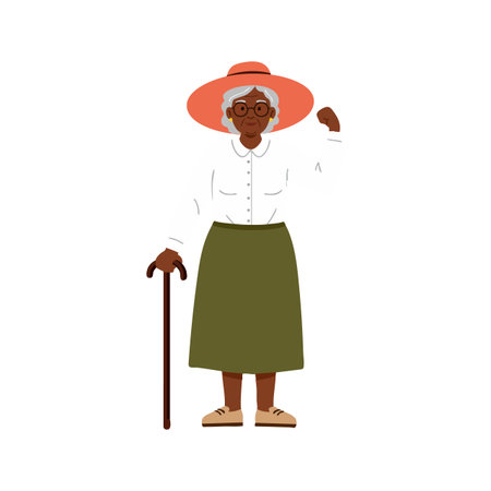 Illustration shows elderly woman with glasses wearing orange hat and olive skirt holding a walking cane, posing confidently in a simple style. Calm mood.のイラスト素材