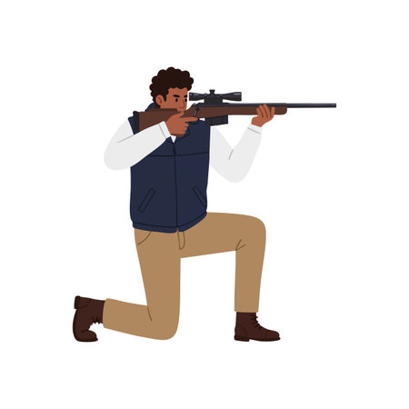 Illustration shows a man kneeling and aiming a sniper rifle, wearing a tactical vest and boots, focused and ready, calm mood.のイラスト素材