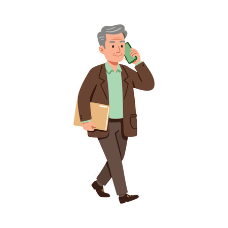 Illustration shows an elderly businessman walking and talking on a smartphone while holding a folder, depicting communication and professionalism mood.のイラスト素材