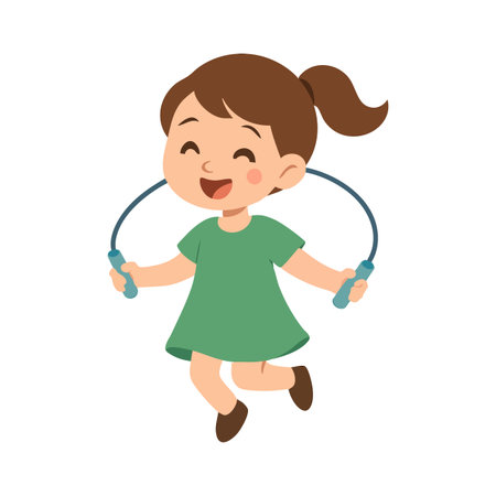 A cheerful girl with brown hair jumps rope wearing a green dress and brown shoes. The playful scene conveys energy and happiness.のイラスト素材