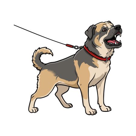 Vector illustration of a happy dog on a red leash walking actively with mouth open and tail curved, showing lively pet mood.のイラスト素材