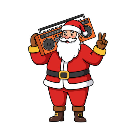 Santa Claus holds a boombox on his shoulder and shows a peace sign in a joyful pose. The image conveys festive and cheerful mood.のイラスト素材