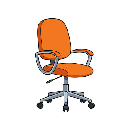 Illustration shows an orange office chair with adjustable height and armrests on wheels, designed for workspace comfort and functionality. Modern mood.のイラスト素材