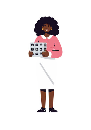 Woman wearing pink medical uniform holds x ray film with a smile, standing confidently in a clinical environment. Professional and positive mood.のイラスト素材