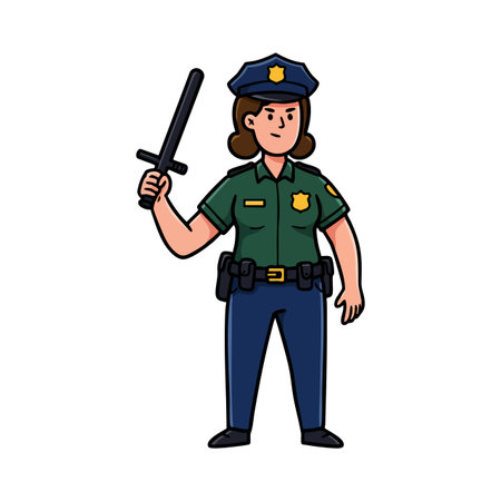 Illustration shows a female police officer in green uniform holding a baton confidently, standing ready for duty in a clear vector style. Professional mood.のイラスト素材