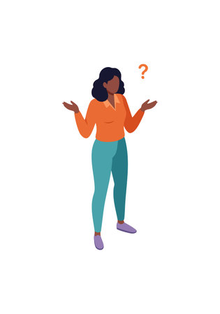 Illustration of a confused woman shrugging with raised shoulders and a floating question mark above...