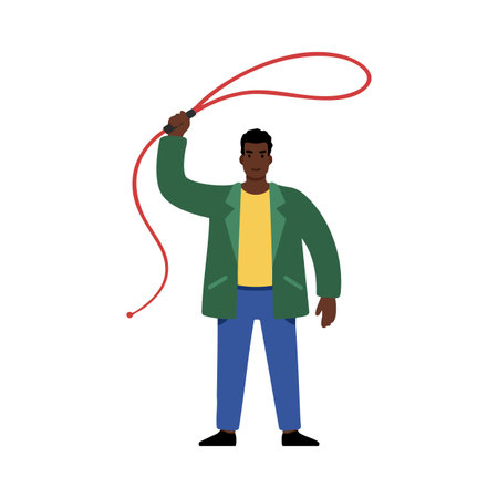 Illustration shows a man standing confidently holding a red whip with a green jacket and blue pants...