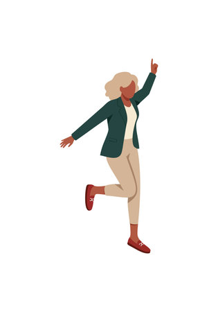 Vector illustration of a joyful woman jumping with one arm raised, dressed in green, beige, and red, expressing energy and freedom. Cheerful mood.のイラスト素材