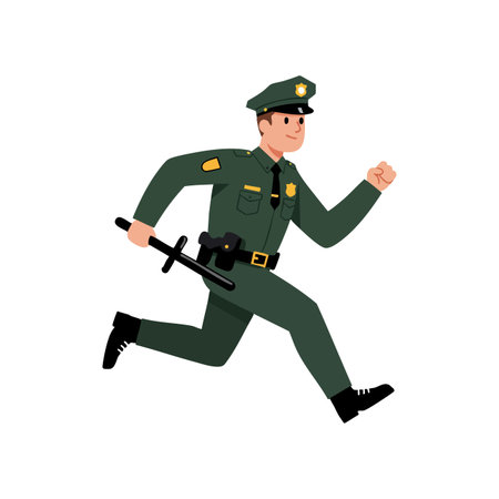 Illustration shows a police officer running in uniform holding a baton with a determined expression in flat style, energetic mood.のイラスト素材
