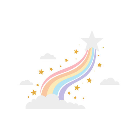 Vector shows a shooting star with a pastel rainbow trail and golden stars surrounded by clouds, creating a whimsical and dreamy mood.のイラスト素材