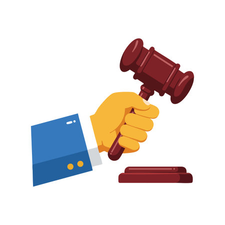 Illustration shows a hand grasping a red wooden gavel above a striking block symbolizing legal judgment and auction decisions, clear and simple.のイラスト素材