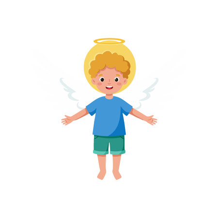 Illustration shows a happy boy angel with golden halo and white wings, wearing blue shirt and green shorts, floating peacefully. Cheerful mood.のイラスト素材
