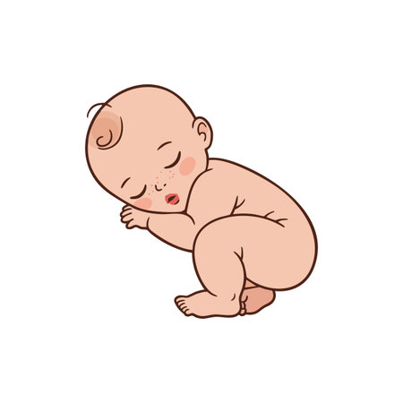 This vector illustration shows a baby sleeping curled up with closed eyes and a calm expression in a peaceful mood.のイラスト素材