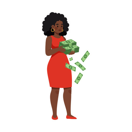 Woman in a red dress holds and releases cash bills, representing money and finance in a flat vector style. Calm mood.のイラスト素材