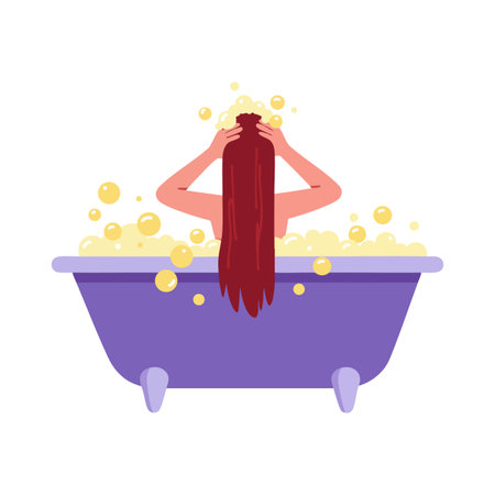 Illustration shows a woman washing long red hair in a purple bathtub filled with bubbles, viewed from behind, peaceful mood.のイラスト素材