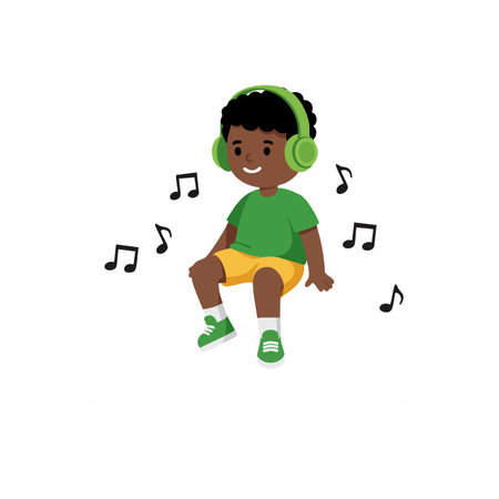 A happy child listens to music wearing green headphones, a green shirt, and yellow shorts, surrounded by musical notes in a cheerful scene.のイラスト素材