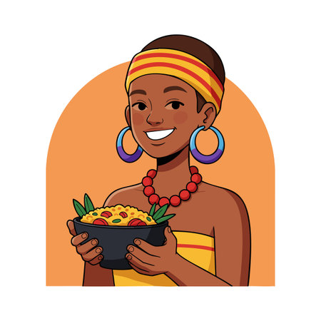 Illustration shows an African woman smiling while holding a bowl of traditional food wearing a colorful headwrap and jewelry, with warm lighting. Cheerful mood.のイラスト素材