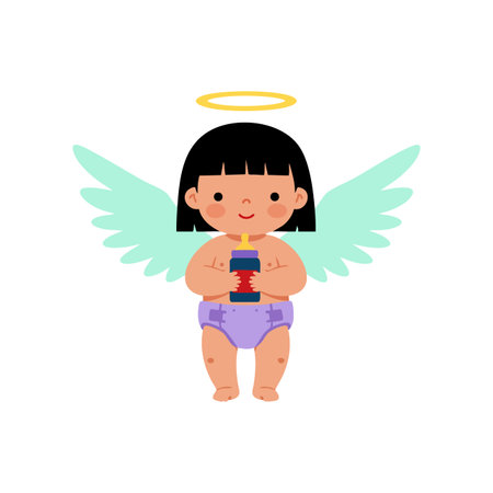 Vector illustration of a cute baby angel with blue wings, yellow halo, and purple diaper holding a candle, conveying innocence and warmth.のイラスト素材