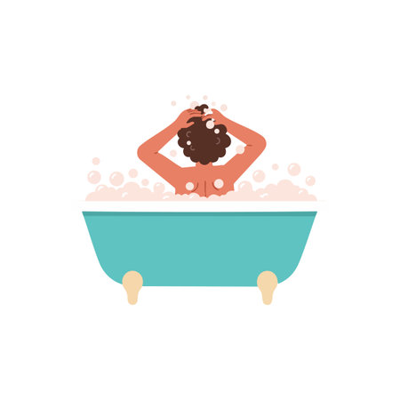 Illustration shows person washing hair in turquoise bathtub filled with bubbles, emphasizing self-care and relaxation mood.のイラスト素材