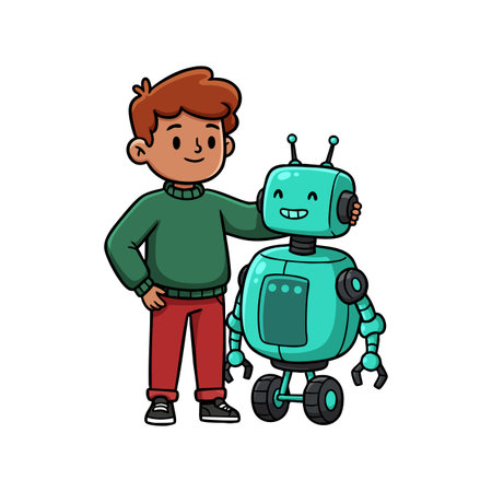 Illustration shows a boy in green sweater posing with a smiling blue robot, conveying friendship and technology in a playful mood.のイラスト素材
