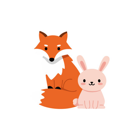 This vector illustration shows a fox and a bunny sitting side by side with orange and pink colors, creating a friendly and charming mood.のイラスト素材