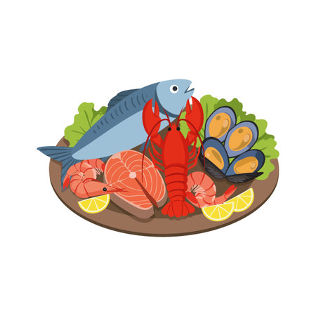 Illustration shows a seafood platter with fish, lobster, shrimp, mussels, and lemon slices on a wooden plate in bright colors. Cheerful mood.のイラスト素材