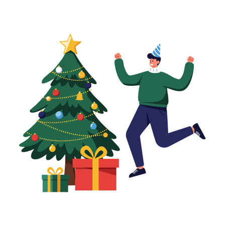 This vector shows a decorated Christmas tree with gifts and a joyful person wearing a party hat, capturing festive holiday spirit and cheer.のイラスト素材
