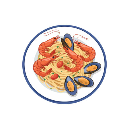 This vector illustration shows seafood pasta with shrimp and mussels served on a white plate in a clean style. Appetizing and fresh mood.のイラスト素材
