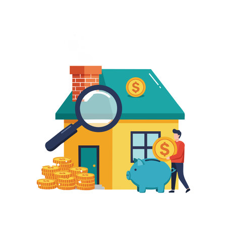 Illustration shows a house with coins, magnifying glass, and piggy bank representing real estate investment and financial savings, conveying a positive mood.のイラスト素材