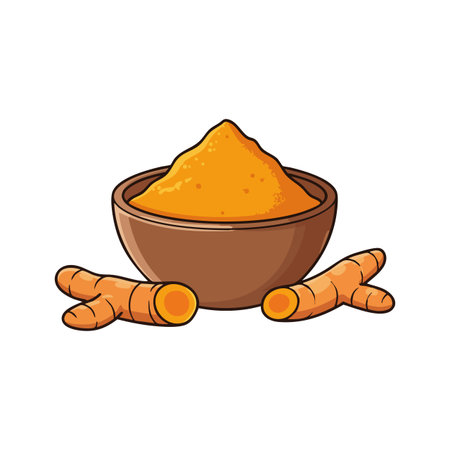 Vector illustration shows turmeric powder in a bowl with fresh turmeric roots around it, highlighting natural spice and herbal remedy use. Warm mood.のイラスト素材