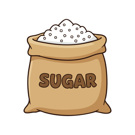 Illustration shows a brown sack filled with white granulated sugar, labeled clearly with SUGAR. Simple, clear, and informative vector. Cheerful.のイラスト素材