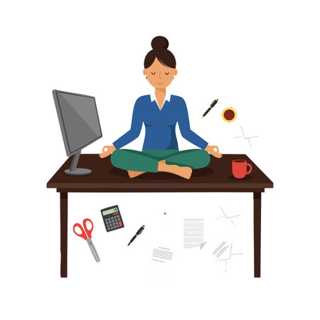 Woman sits cross-legged on desk meditating with computer, coffee, and stationery around, promoting calmness and focus. Peaceful mood.のイラスト素材