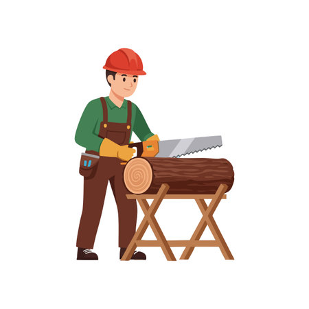 Illustration shows a construction worker cutting a large wood log with a handsaw wearing safety helmet and gloves. Scene appears focused and calm.のイラスト素材