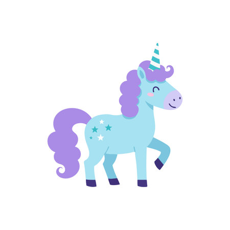 Illustration shows a smiling cartoon unicorn with blue body and purple mane, tail, and horn stripes, creating a playful and joyful mood.のイラスト素材