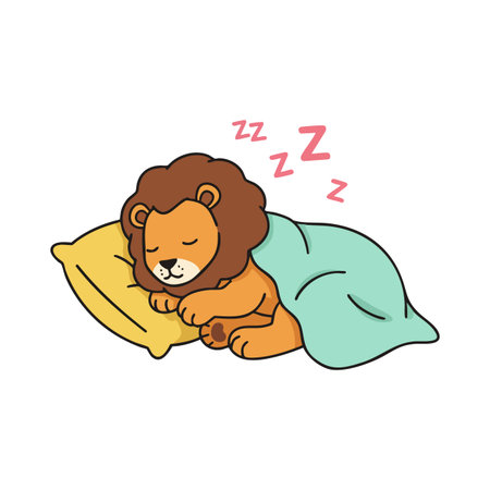 Cute lion cub sleeps peacefully on a yellow pillow covered by a turquoise blanket with pink zzz signs floating above, calm and restful mood.のイラスト素材