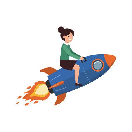 Illustration of a woman riding a blue rocket with orange flames, facing forward in a cheerful and adventurous mood.のイラスト素材