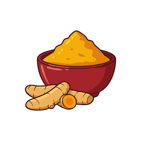 Illustration shows turmeric roots alongside a red bowl filled with bright yellow turmeric powder in a clean flat style. Calm mood.のイラスト素材