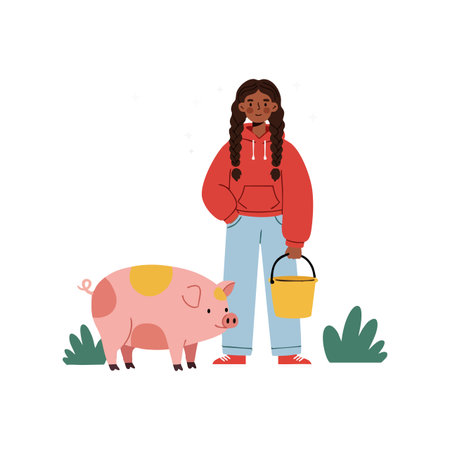Young girl with braided hair holds a yellow bucket next to a pink pig and green plants in a simple flat style, serene mood.のイラスト素材