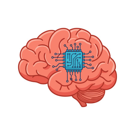 Illustration shows a human brain with a blue microchip integrated, representing AI and neuroscience connection, in a clean and modern style. Calm.のイラスト素材