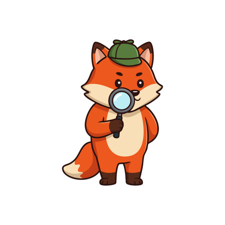 Cartoon fox detective holds a magnifying glass wearing a green hat, standing upright with a curious expression in a cute style. Cheerful mood.のイラスト素材